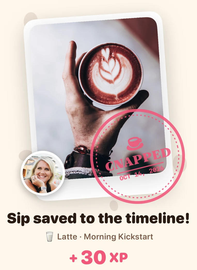 A saved cup: the coffee polaroid with a selfie, a CNAPPED stamp and +30 XP