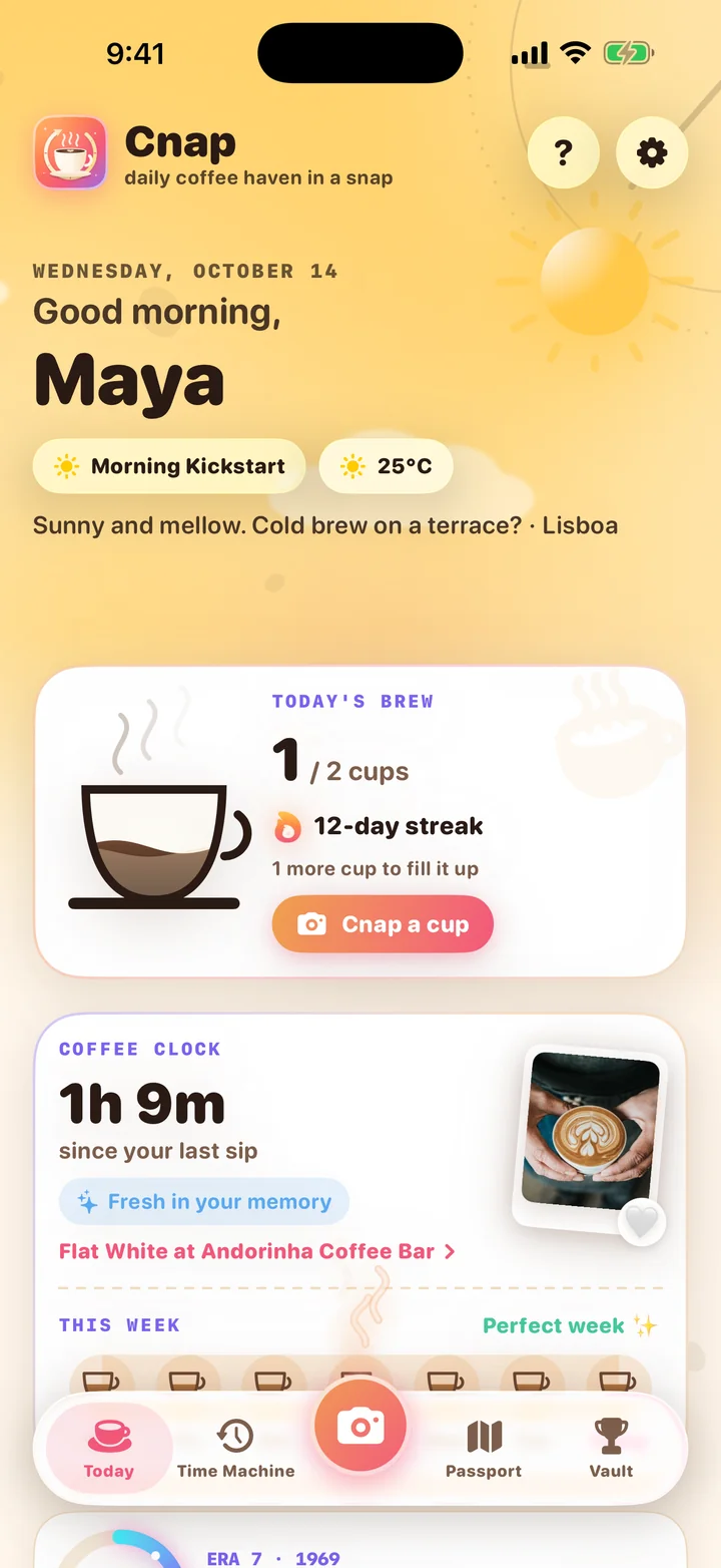 Cnap Today screen: Good morning, Maya, with Today's Brew and the Coffee Clock