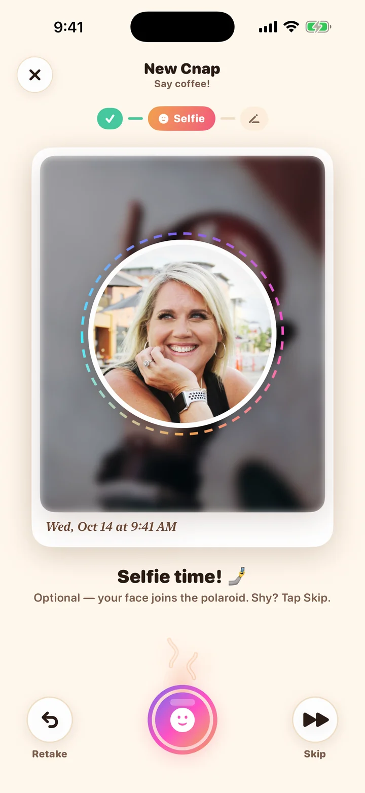 The live selfie bubble popping out over a coffee photo