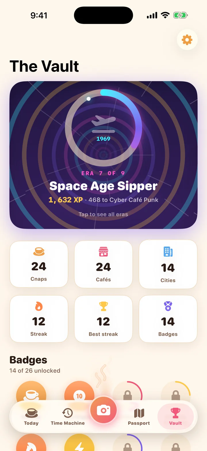 The Vault: Space Age Sipper era, 1,632 XP and stats