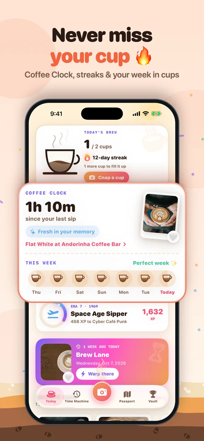 Never miss your cup: the Coffee Clock card with a 12-day streak