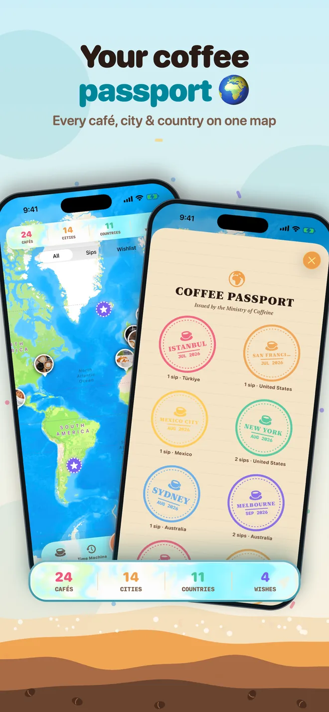 Your coffee passport: a world map of cafés and city stamps