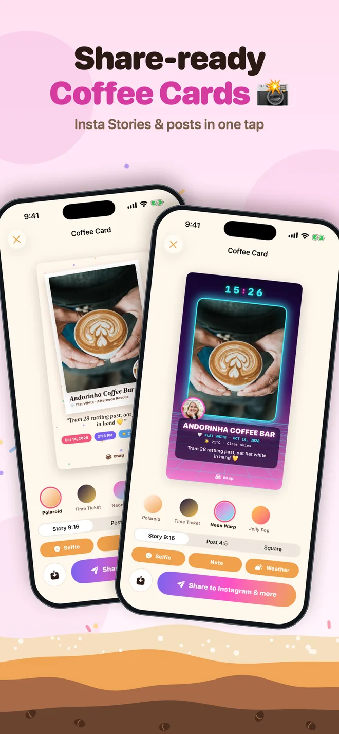 Share-ready Coffee Cards: Polaroid and Neon Warp card styles